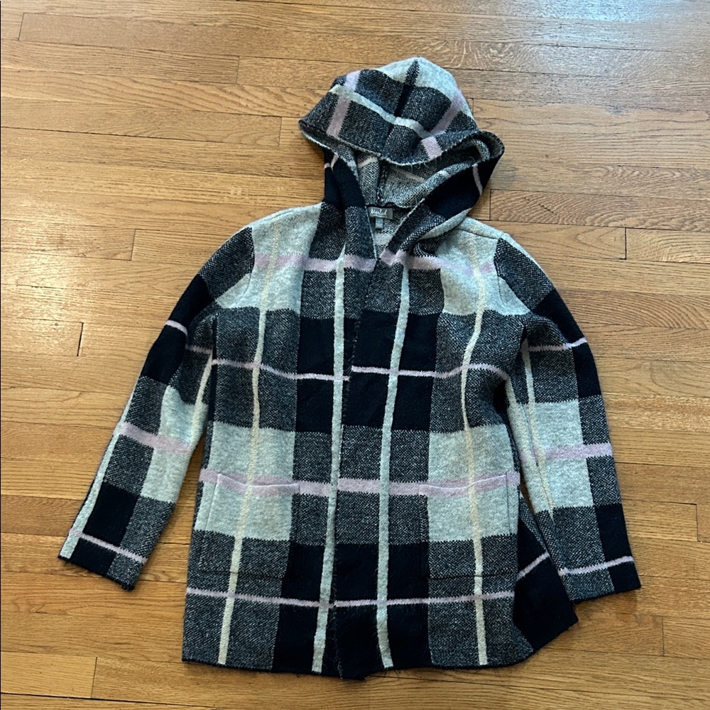 Marled Hooded Plaid Cardigan in Black, Gray & Pink